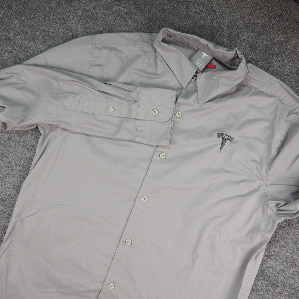 Tesla Button Up Shirt Mens Med Gray Techwear Minimalist Corporate Sleek